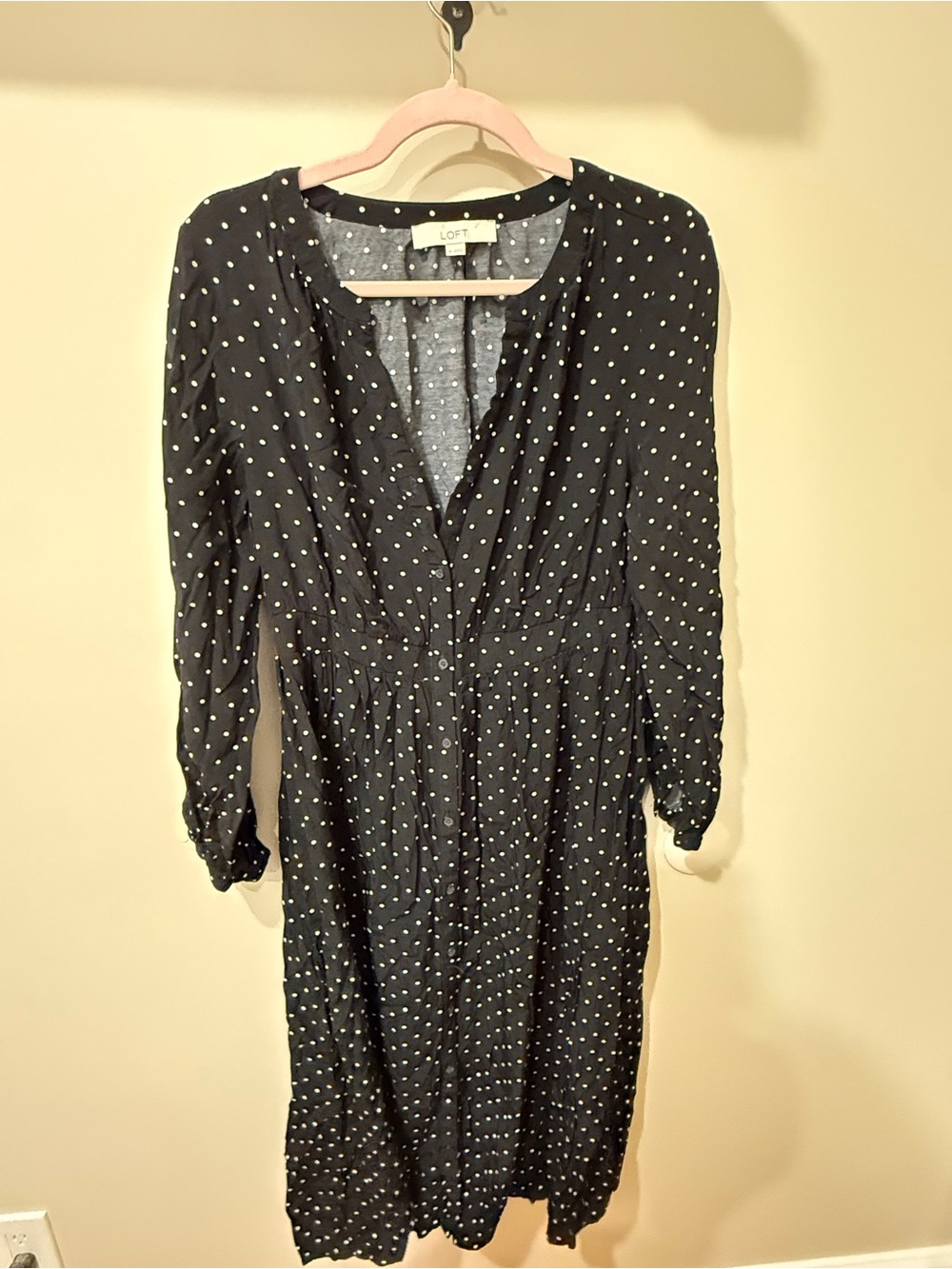 LOFT Black Long Sleeve Polka Dot Midi Dress